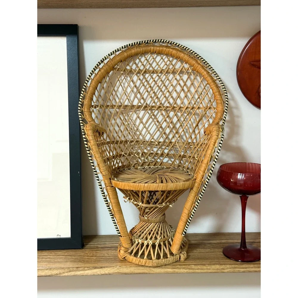 Vintage Mini Peacock Chair Wicker Rattan Boho Doll Plant Display